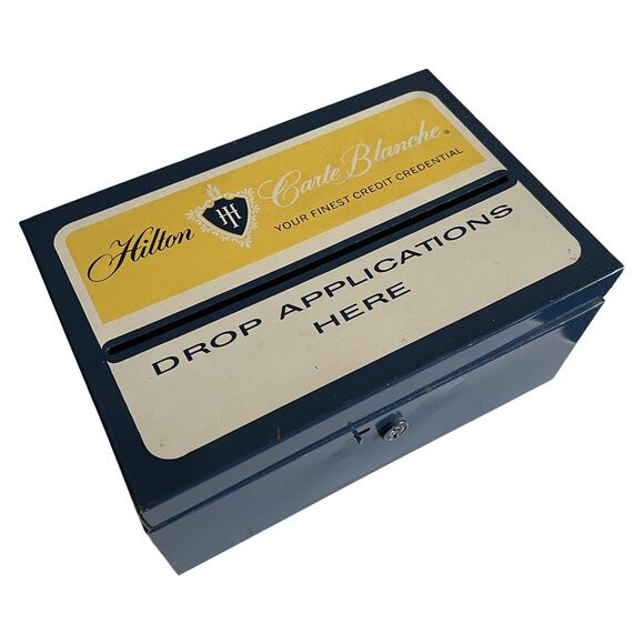 Vintage Hilton Carte Blanche Credit Card Application Blue Yellow Tin Box 50s 60s - Picture 1 of 10